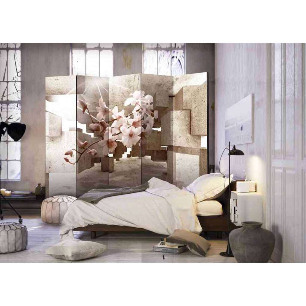 Leinwand Paravent mit Steinblöcken und rosa Blüten 5 teilig