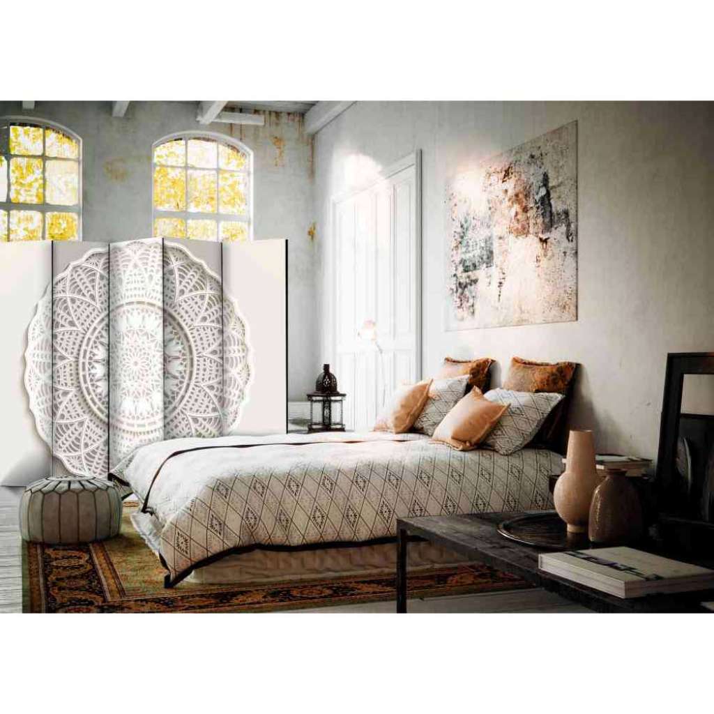 3D Paravent mit Mandala Motiv Beige und Weiß