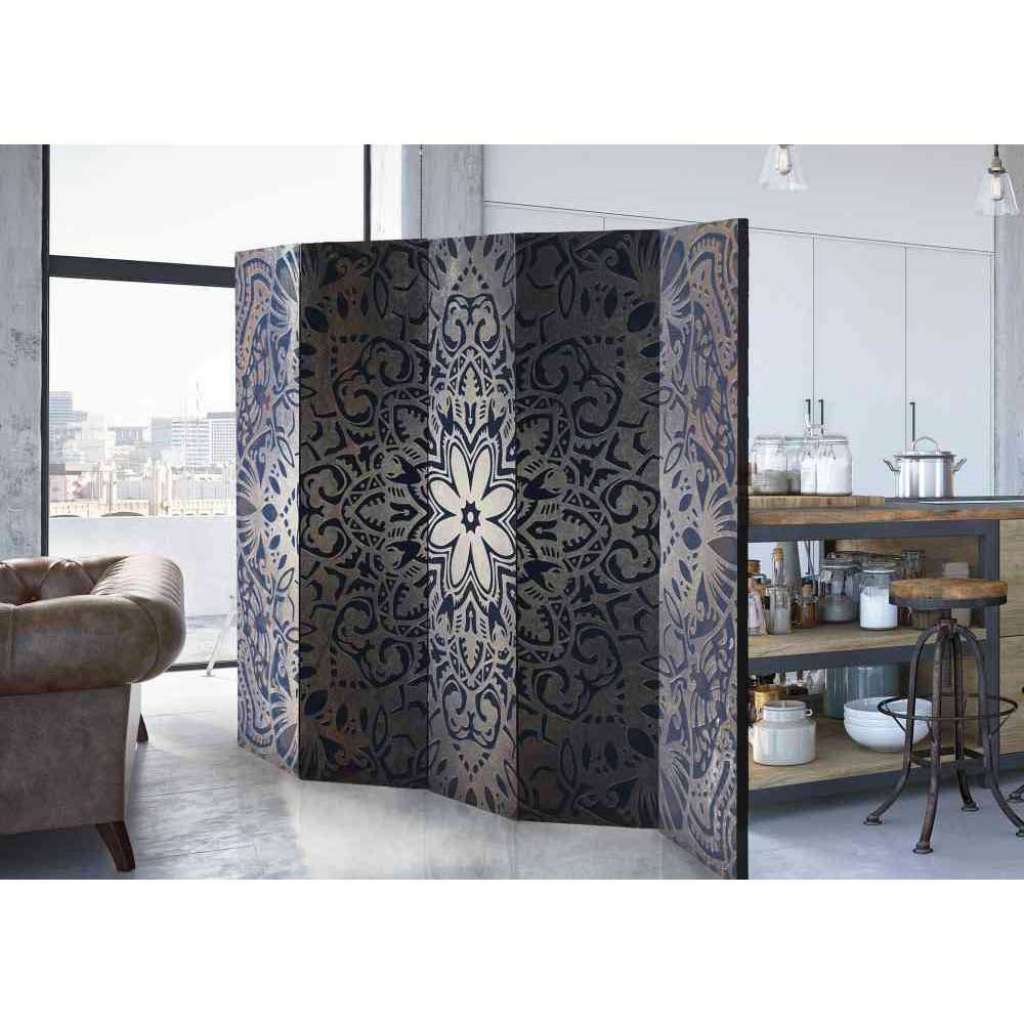 Design Paravent in Silberfarben und Blau Mandala Motiv