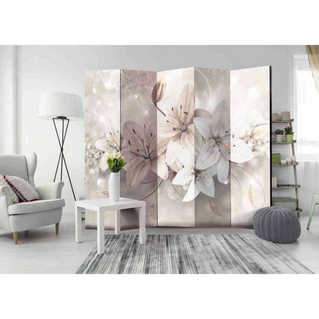 Paravent mit Lilienblüten hell Grau und Beige