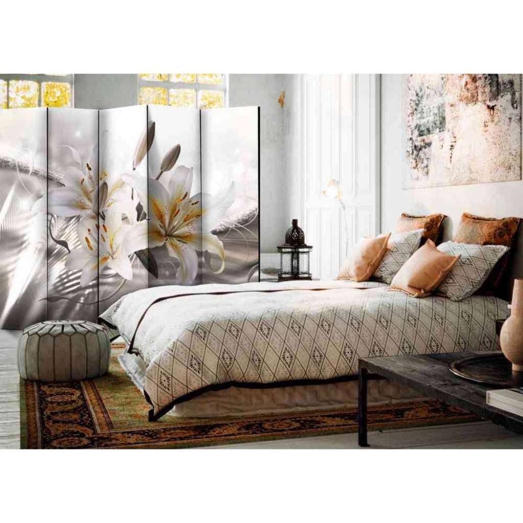 Leinwand Paravent mit Lilien Motiv Weiß und Grau