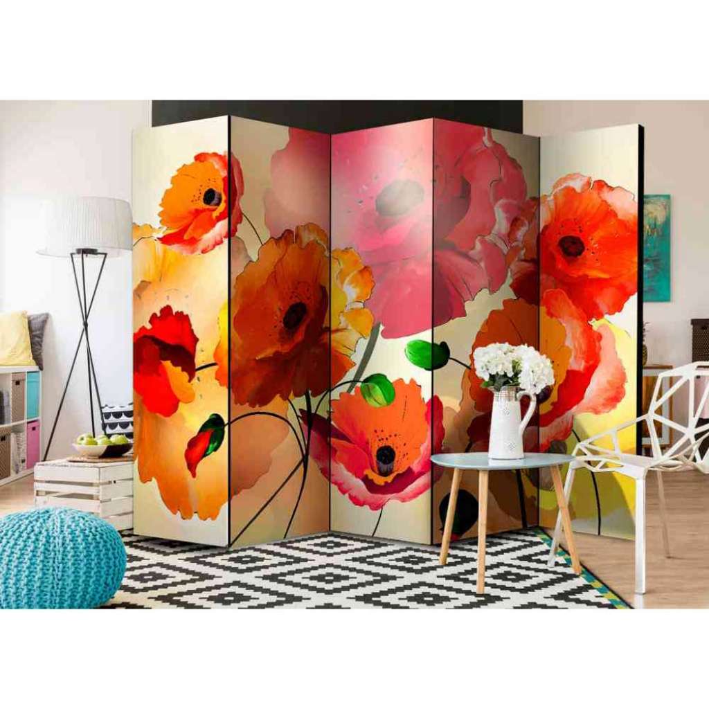 5-teiliger Paravent mit Mohnblumen in Orange und Rot modern