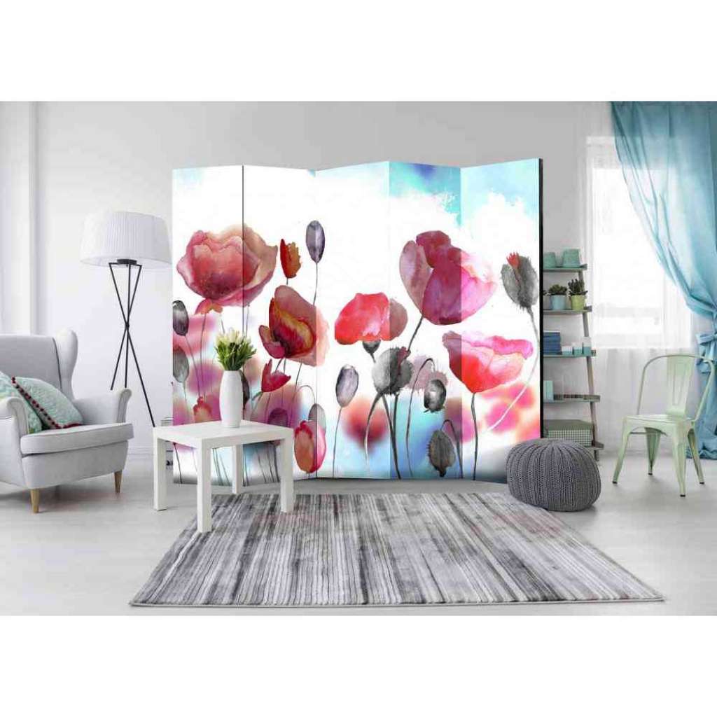 Leinwand Paravent mit gemalten Mohnblumen 225 cm breit