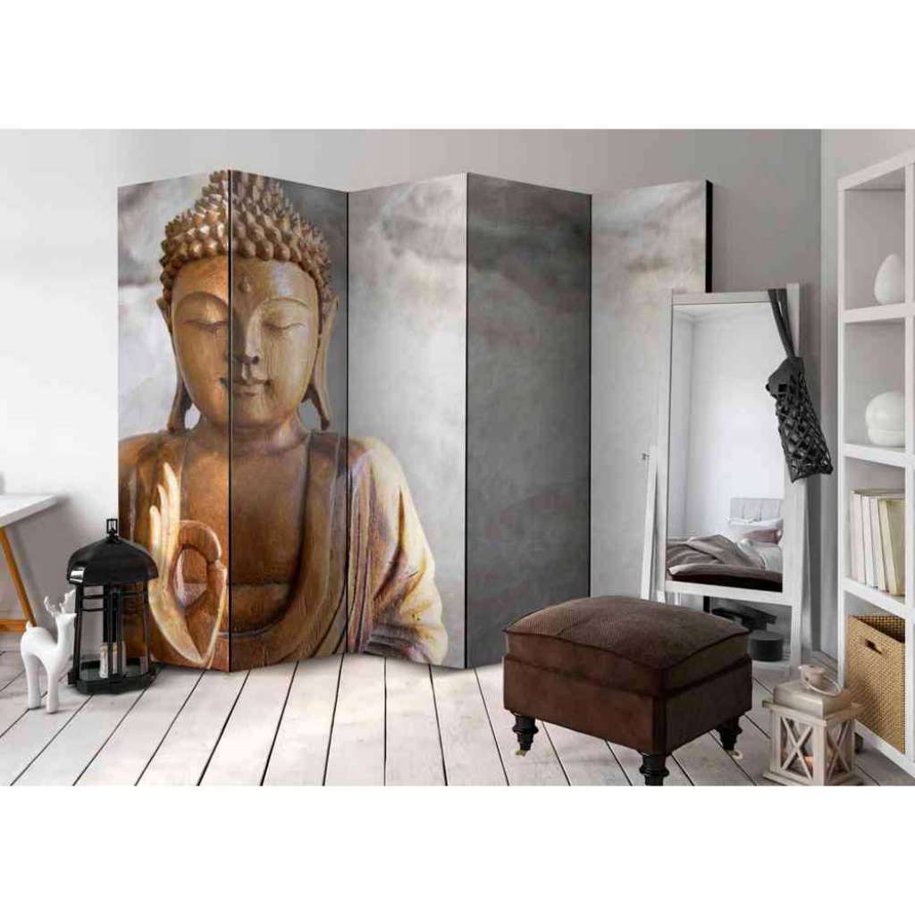 5 teiliger Paravent mit Buddha hell Grau und Braun