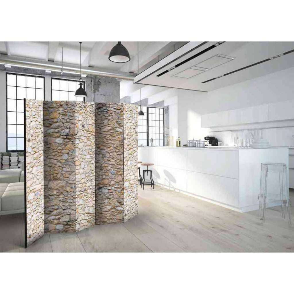 5 teiliger Paravent in Beige Mauer Motiv
