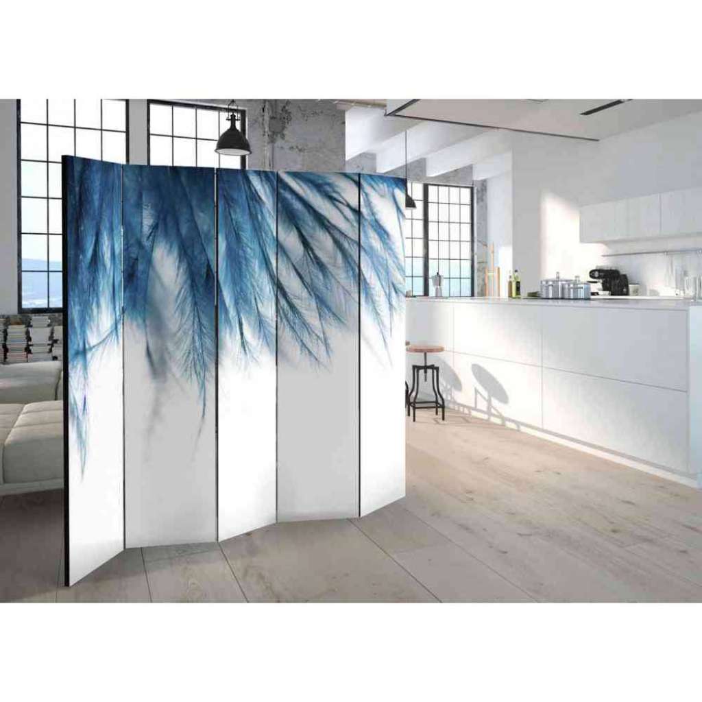 Leinwand Paravent in Türkis und Weiß Feder Motiv