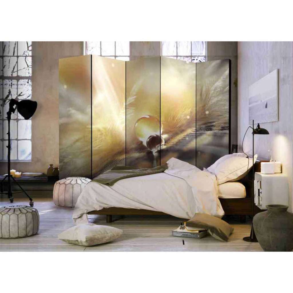 5 teiliger Paravent in Beige und Grau Feder Motiv und Wassertropfen