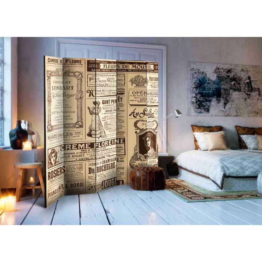 5 teiliger Paravent mit nostalgischem Zeitungsmotiv Creme Weiß und Schwarz