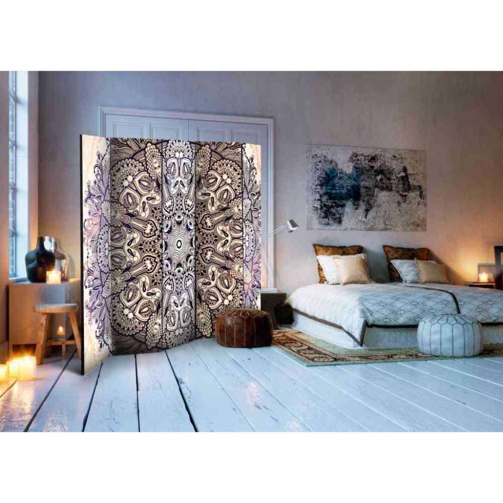 5 teiliger Paravent in Beige und Schwarz Mandala Motiv