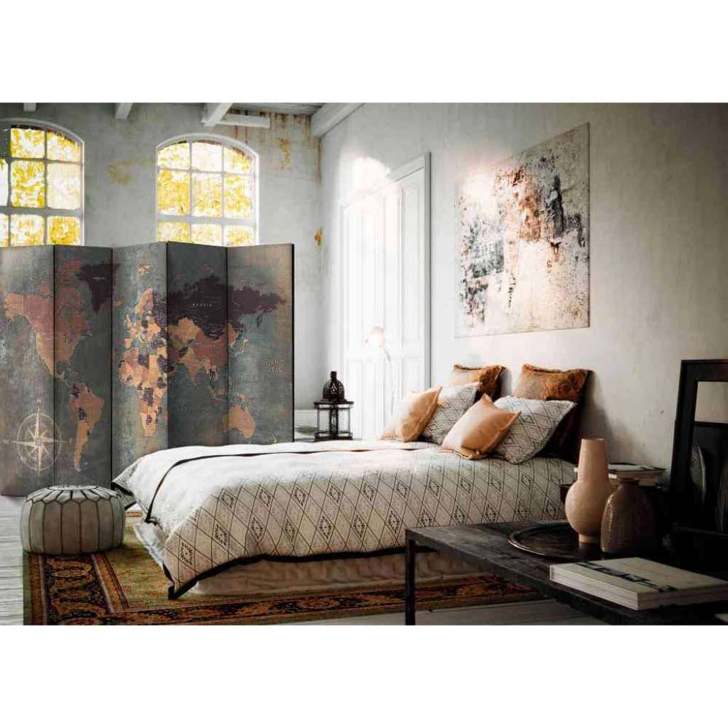 Leinwand Paravent in Braun und Grau Weltkarten Motiv