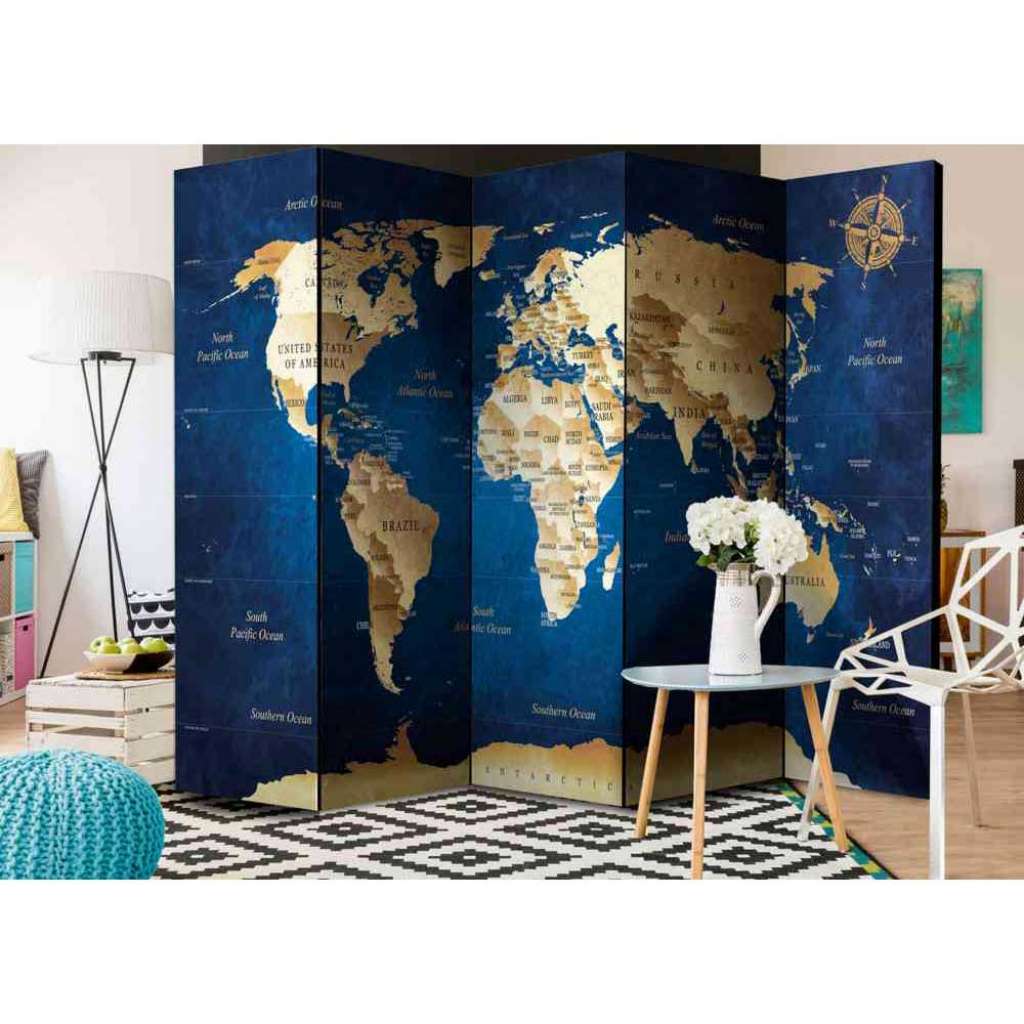 Spanische Trennwand mit Weltkarte und Kompass Beige und Blau