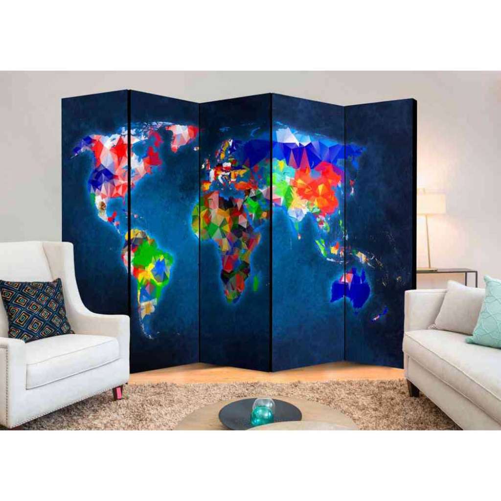 Spanische Wand mit buntem Weltkarten Motiv 5 teilig