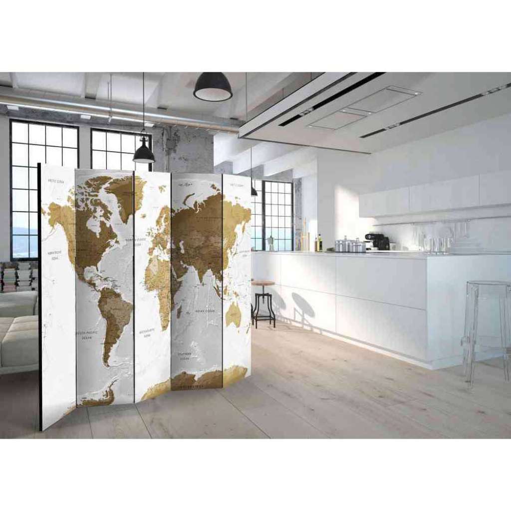 5 teiliger Paravent mit Weltkarten Motiv Weiß und Braun