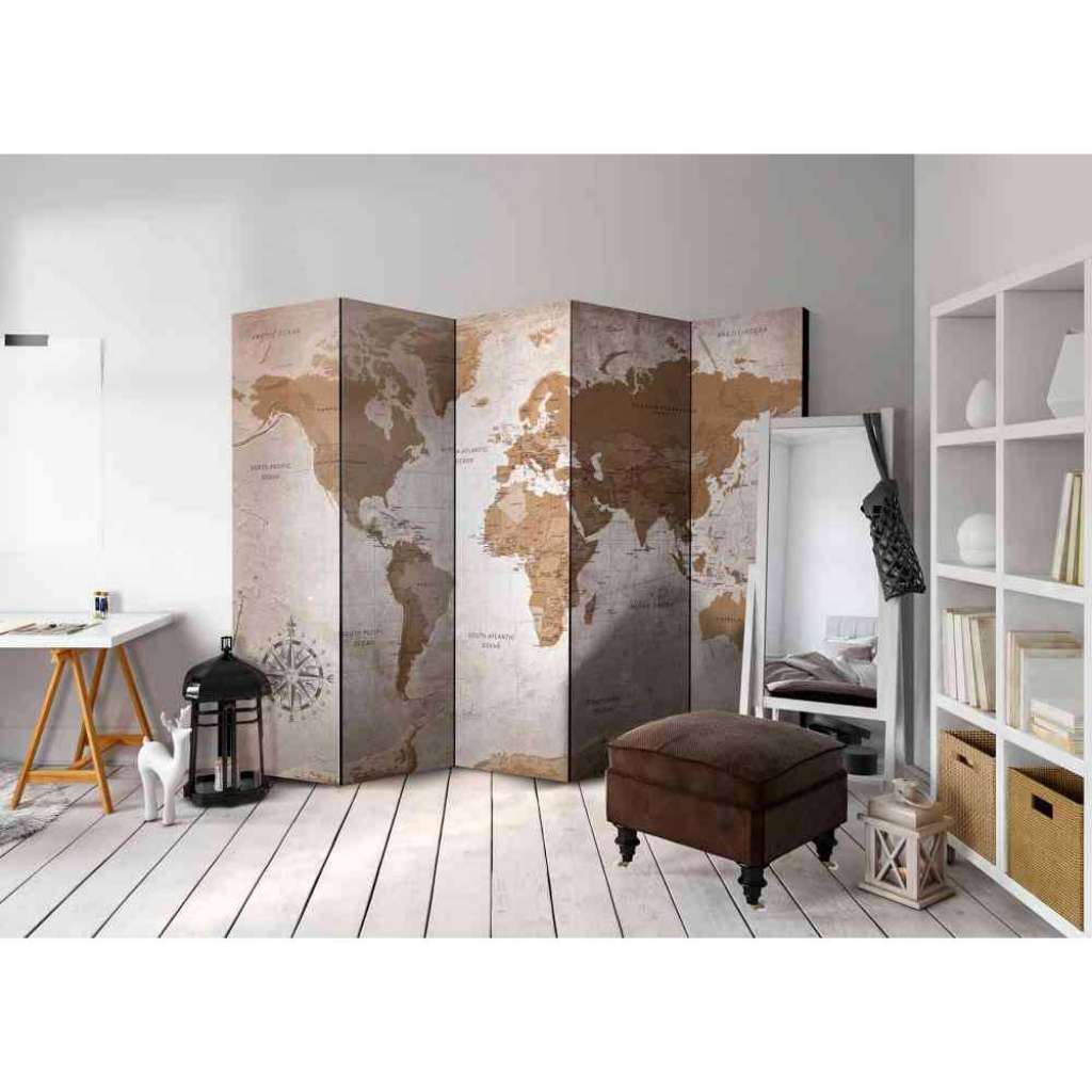 Retro Design Paravent mit Weltkarten Motiv 225 cm breit