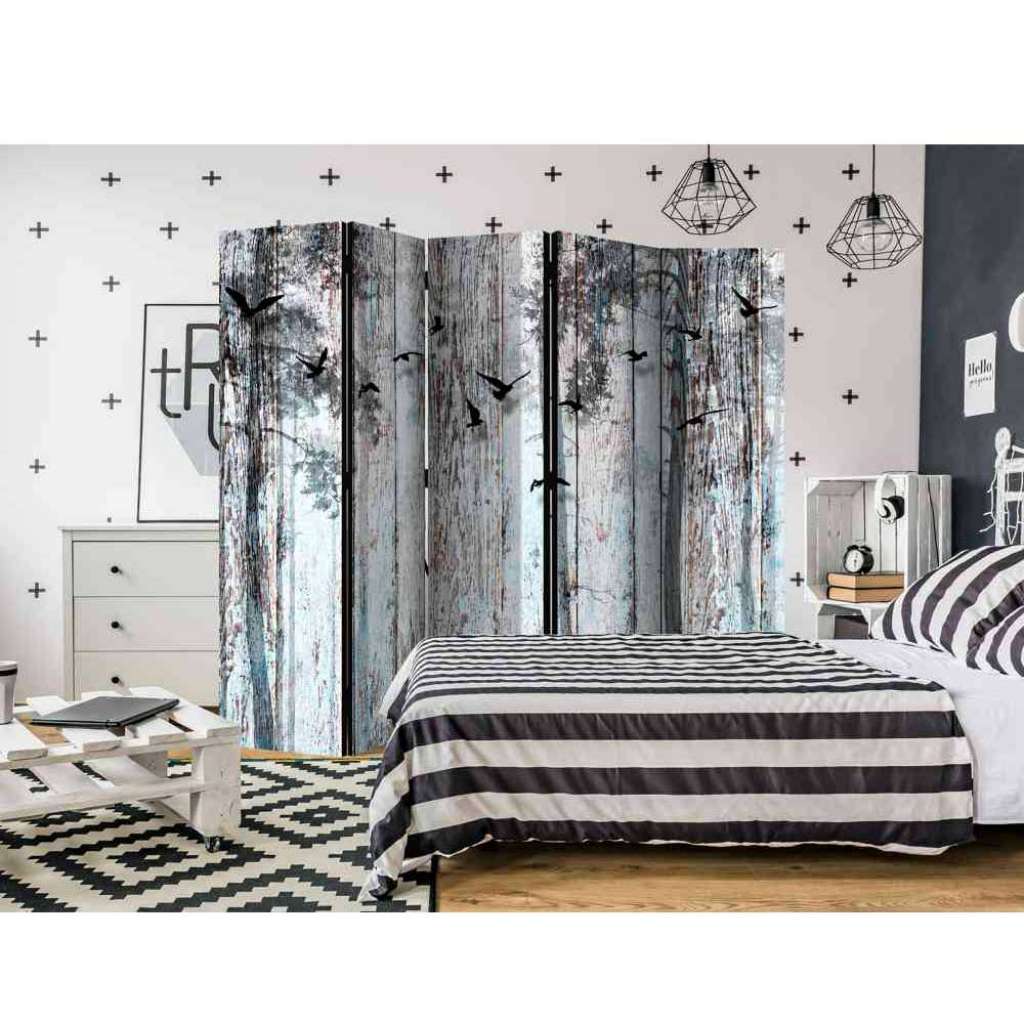 Schlafzimmer Raumteiler mit Wald Motiv und Vögeln Grau und Schwarz
