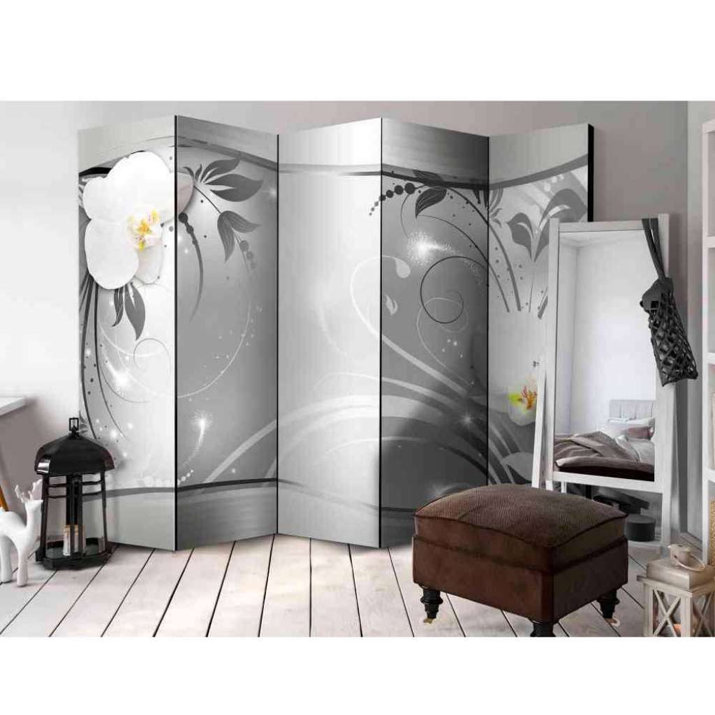 5 teiliger Paravent mit Orchideen Motiv Grau und Weiß