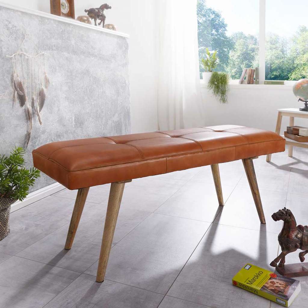 Retro Ledersitzbank in Cognac Braun Glattleder Massivholzbeinen