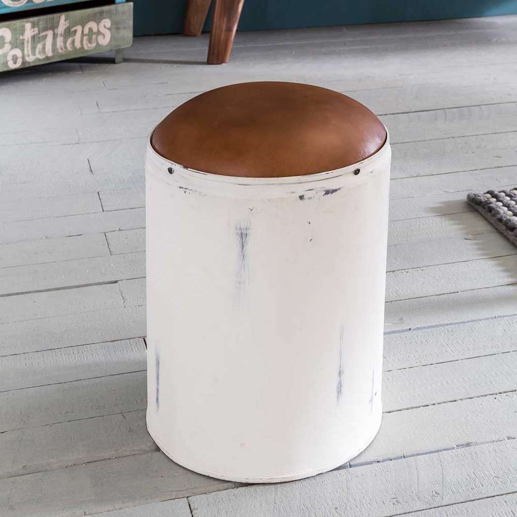 Retrostil Sitzhocker in Weiß Metall Ledersitz