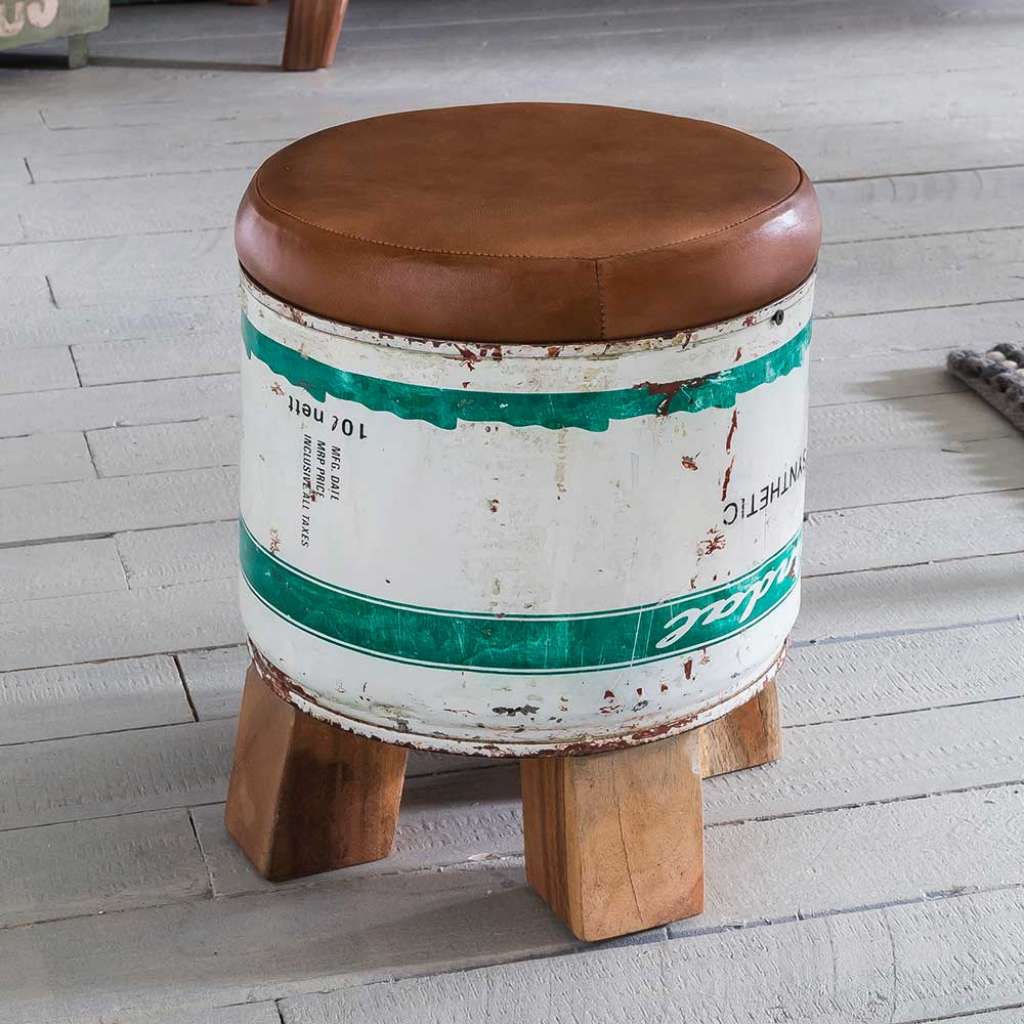 Retro Hocker in Metall Bunt Echtledersitzfläche in Braun