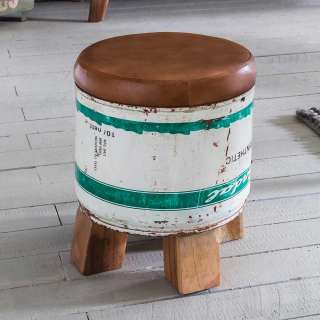 Retro Hocker in Metall Bunt Echtledersitzfläche in Braun