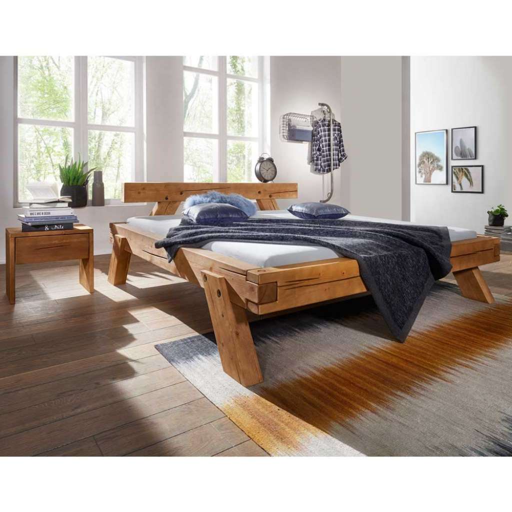 Vollholzbett aus Kiefernholz Balken Eiche Honigfarben (2-teilig)