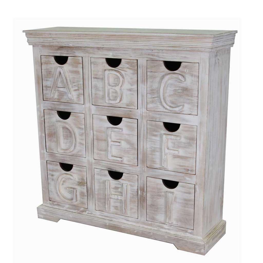 Schubkastenkommode mit ABC Aufschrift Grey Wash lackiert massiv