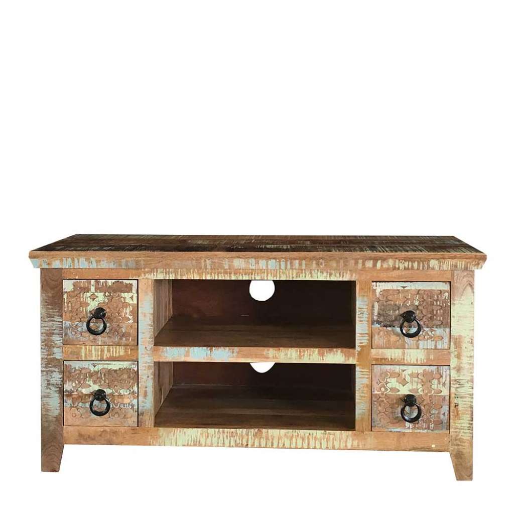 TV Möbel mit Schnitzereien in Braun Bunt Shabby Chic Look