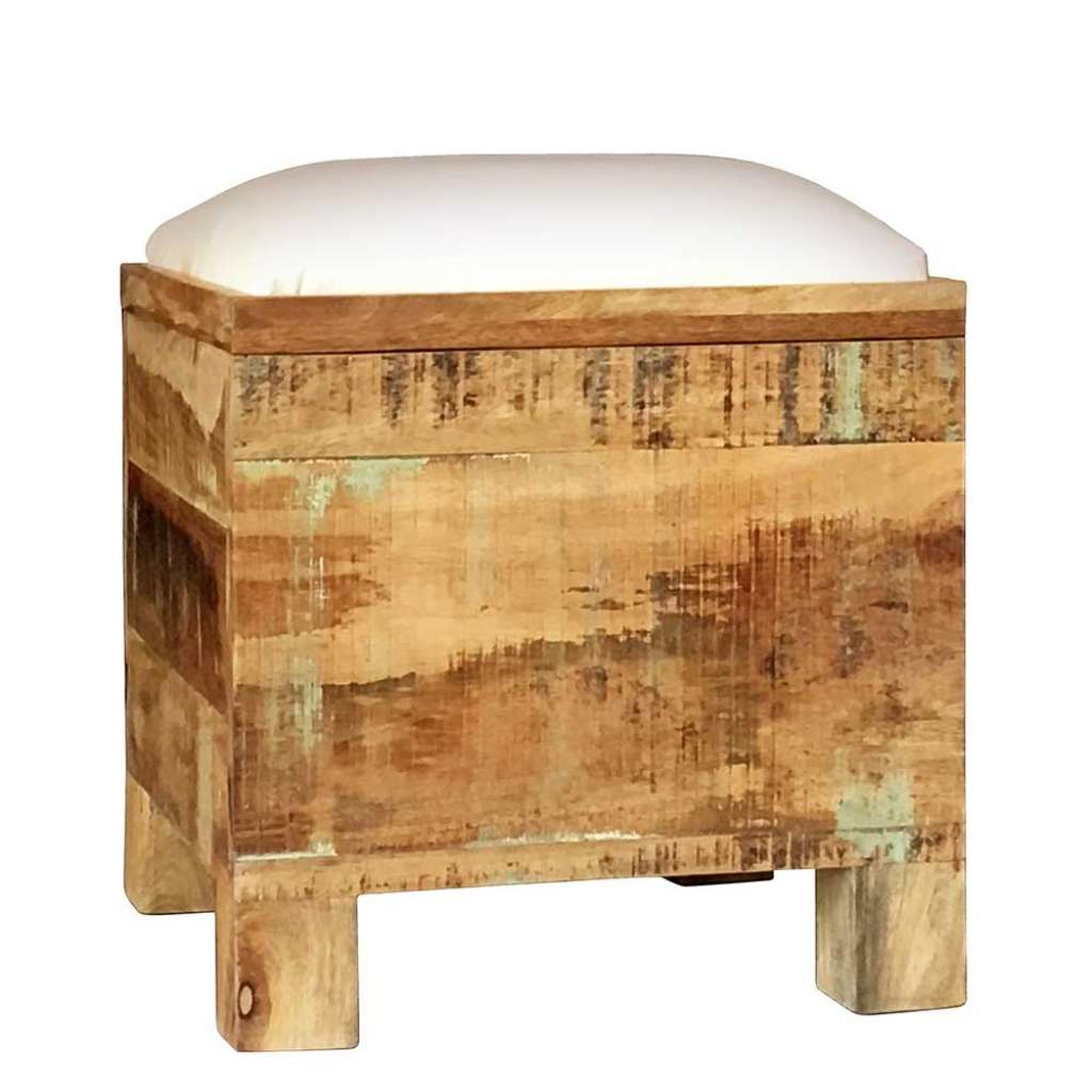 Truhenhocker aus Mangobaum Massivholz Weiß Kunstleder