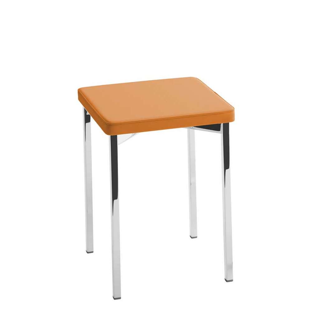 Quadratischer Polsterhocker in Chromfarben und Orange 4-Fuß Gestell aus Metall