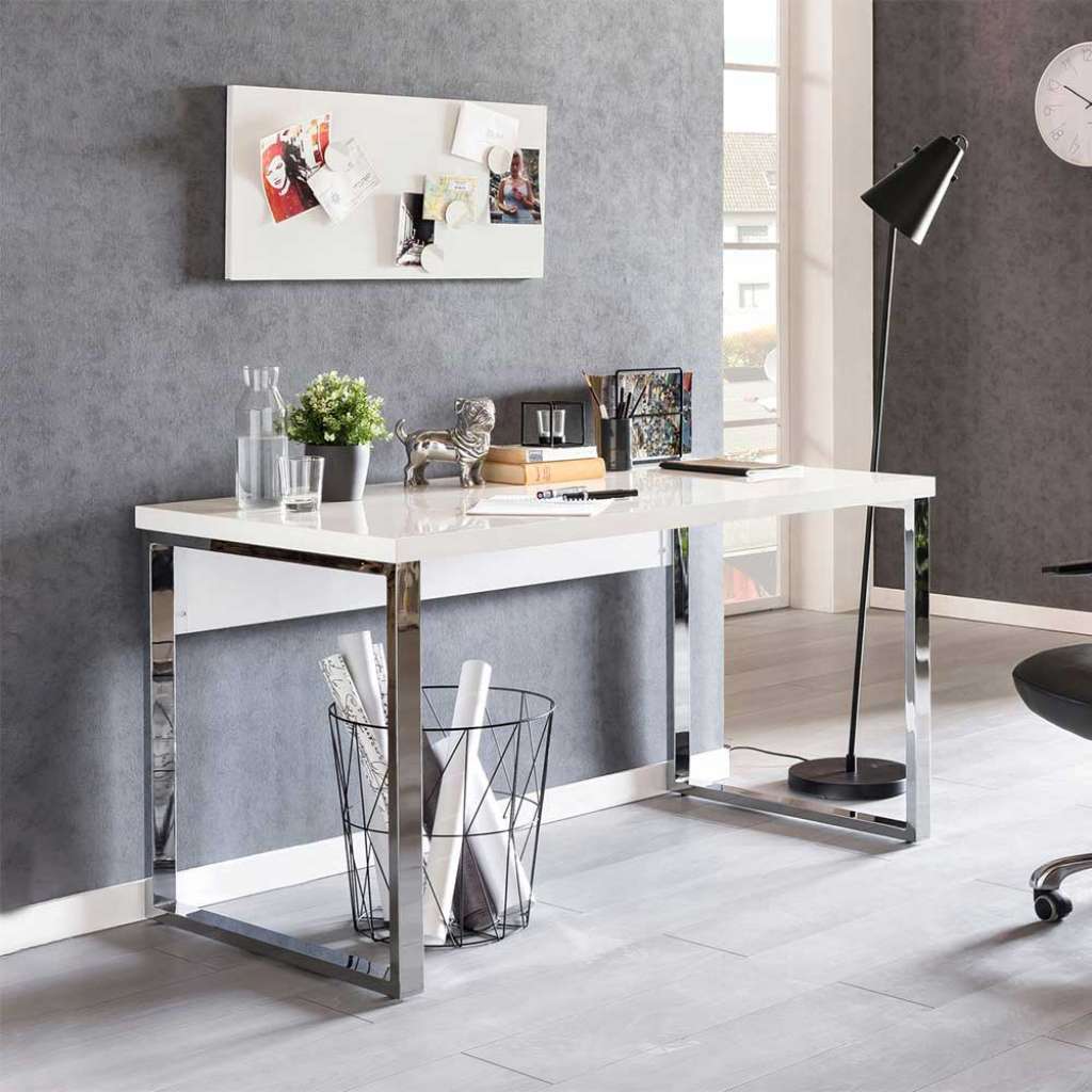 Design Schreibtisch in Chromfarben und Weiß Hochglanz 140 cm breit