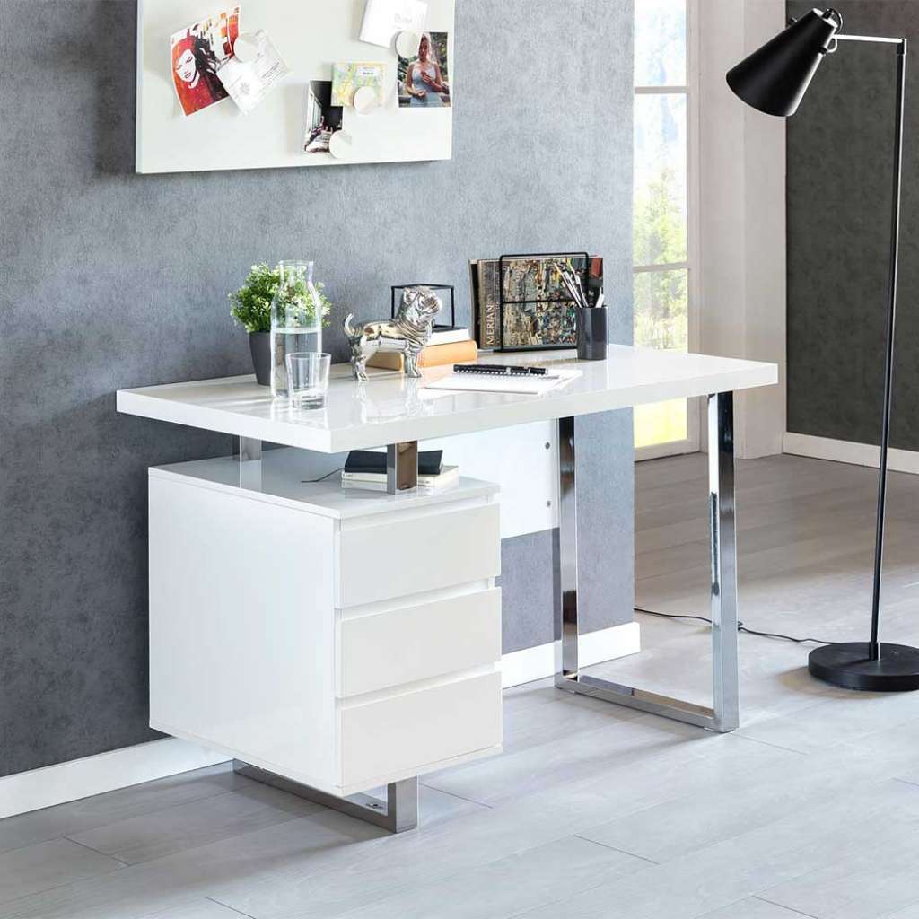 Hochglanz Schreibtisch in Weiß und Chromfarben mit