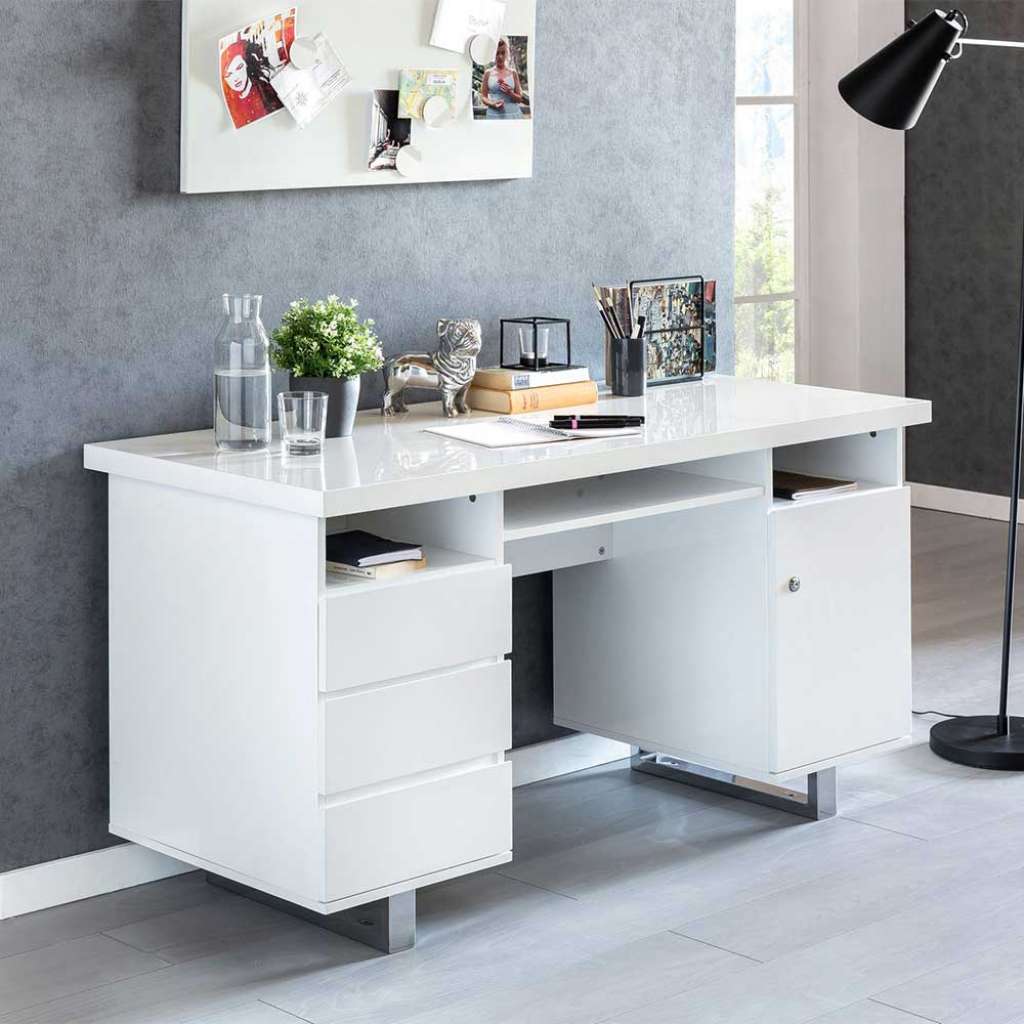 PC Schreibtisch in Weiß Hochglanz und Chromfarben 140 cm breit