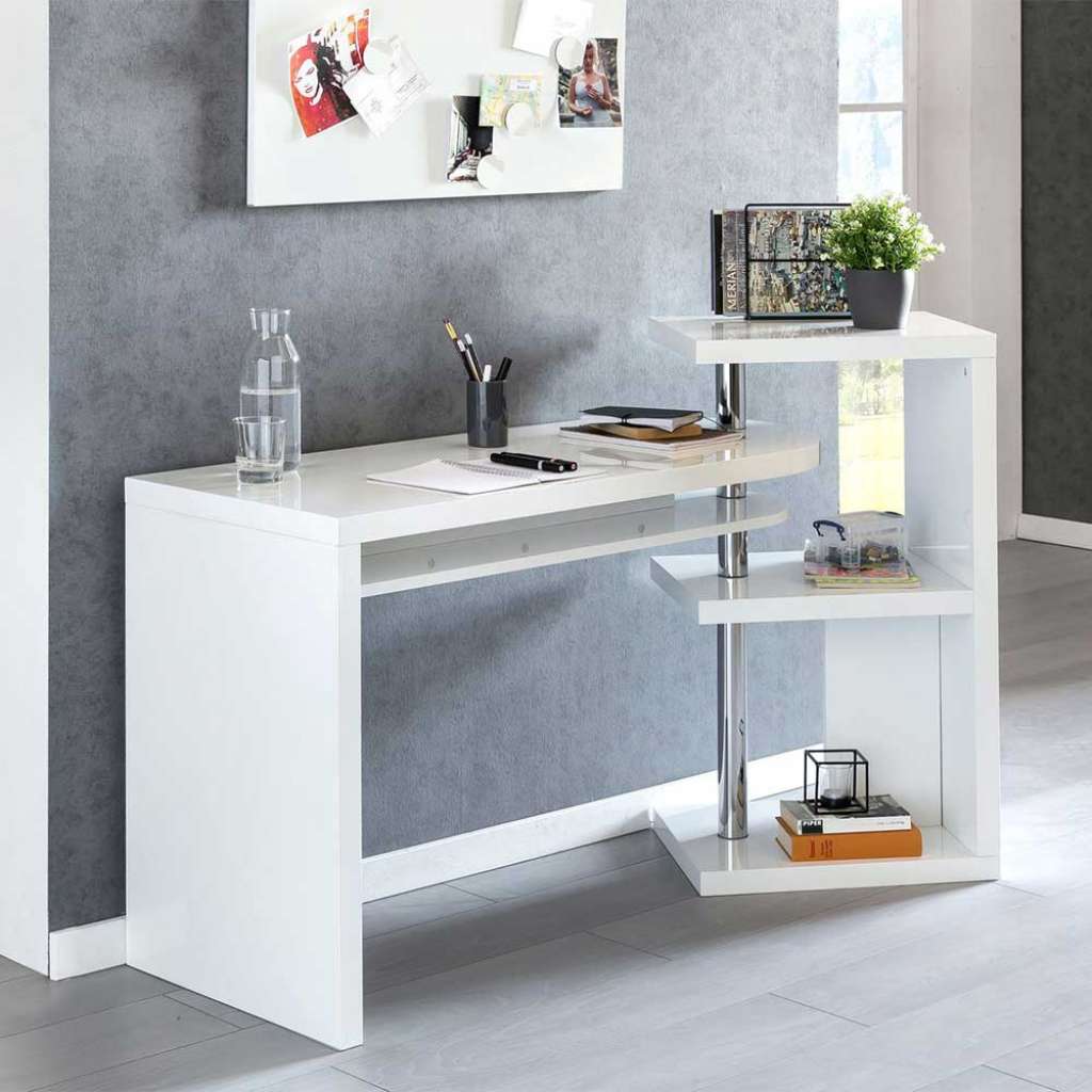 Laptopschreibtisch in Weiß Hochglanz Seitenregal