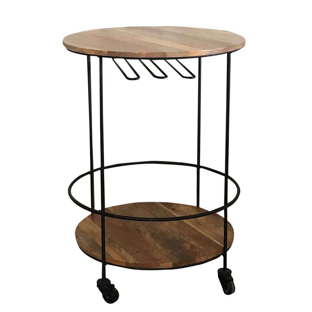 Bartisch aus Mangobaum Massivholz und Metall Schwarz Rollen