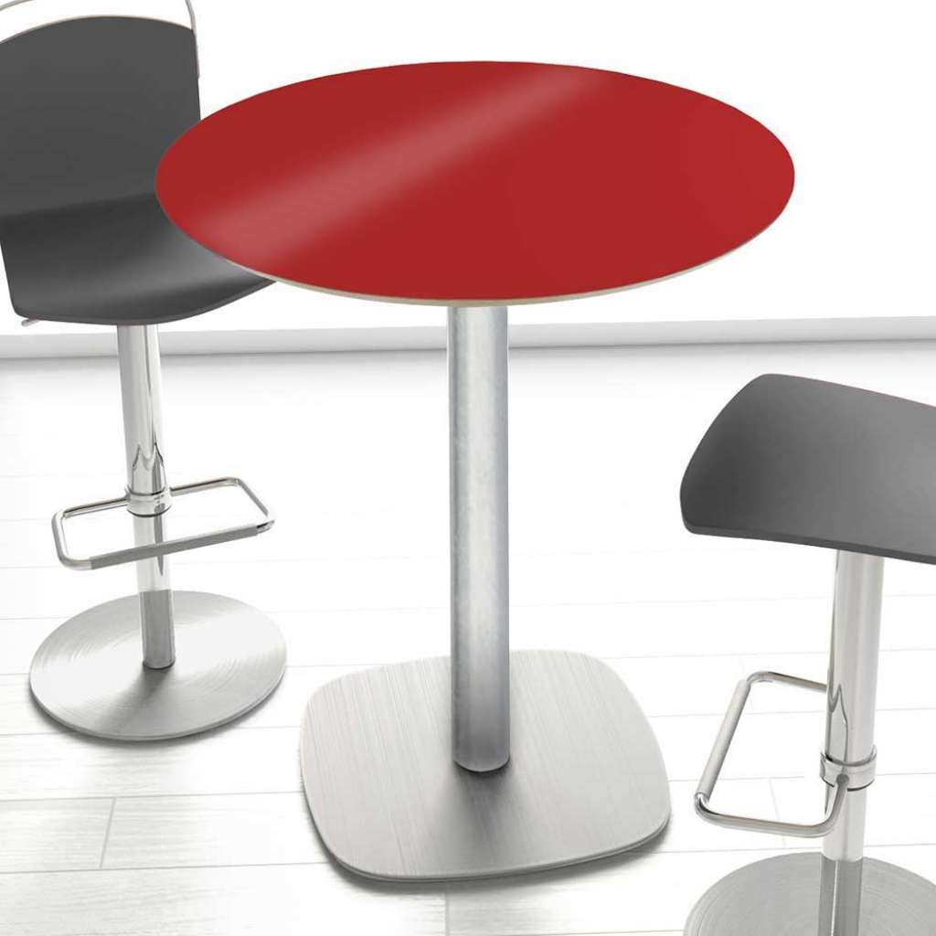 Runder Tresentisch in Silberfarben und Rot hochglänzender Glasplatte