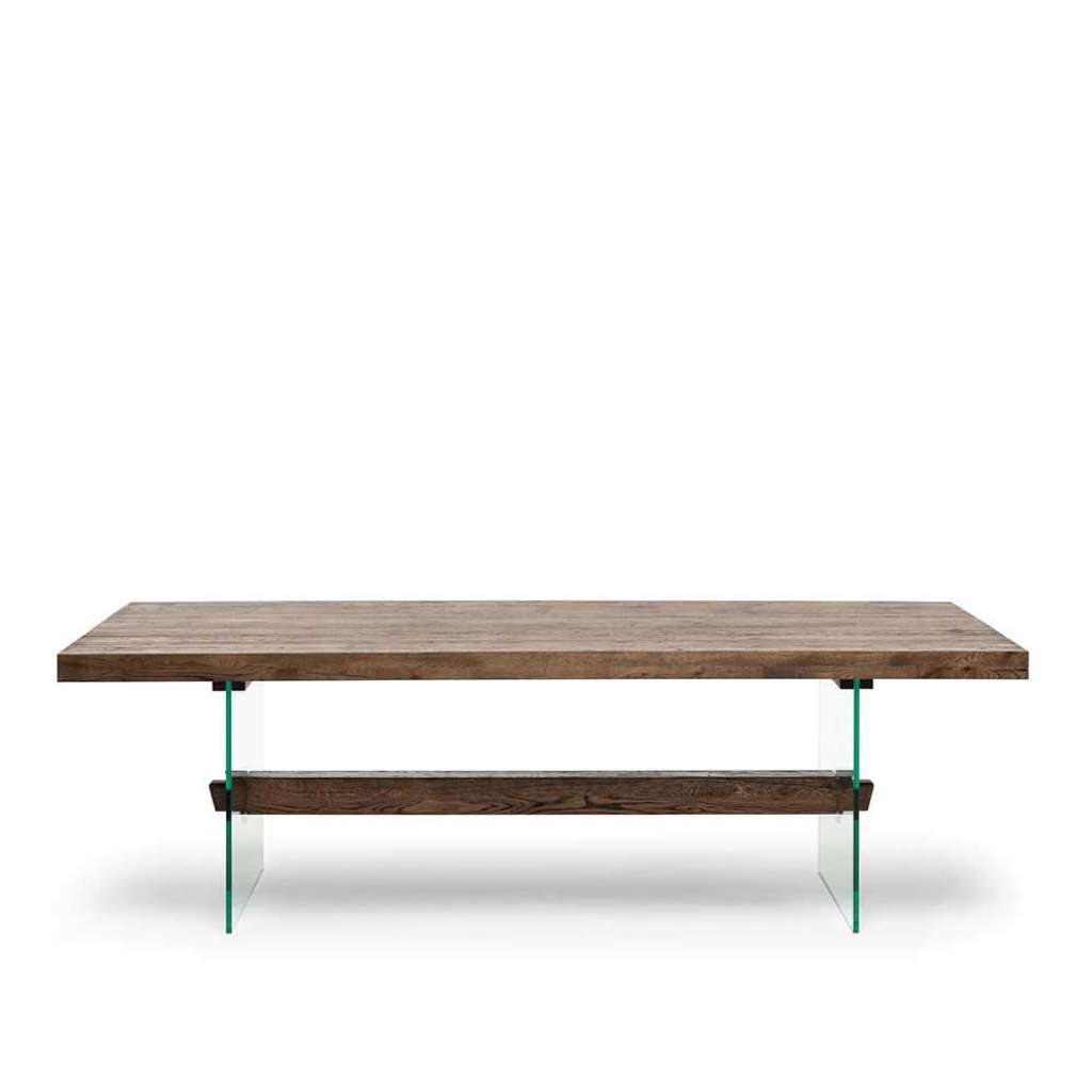 Designesstisch aus Asteiche Massivholz Glas Wangengestell