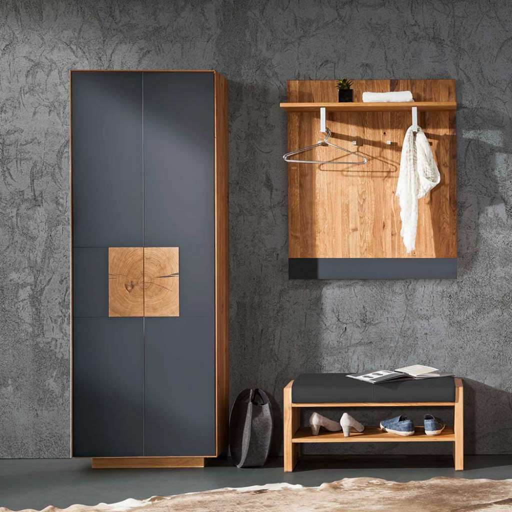 Garderobe in Anthrazit Wildeiche Massivholz (3-teilig)