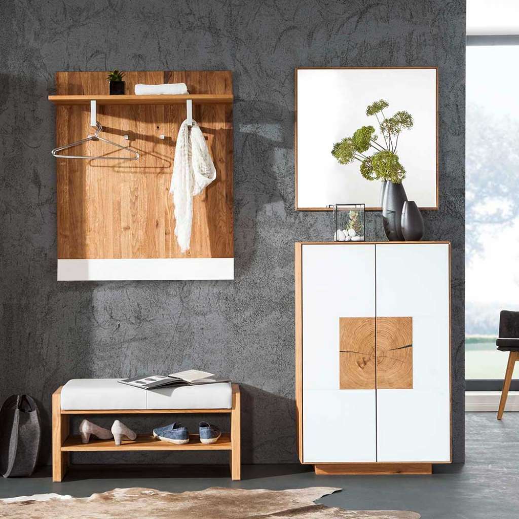 Design Garderoben Set in Weiß Wildeiche Massivholz (4-teilig)