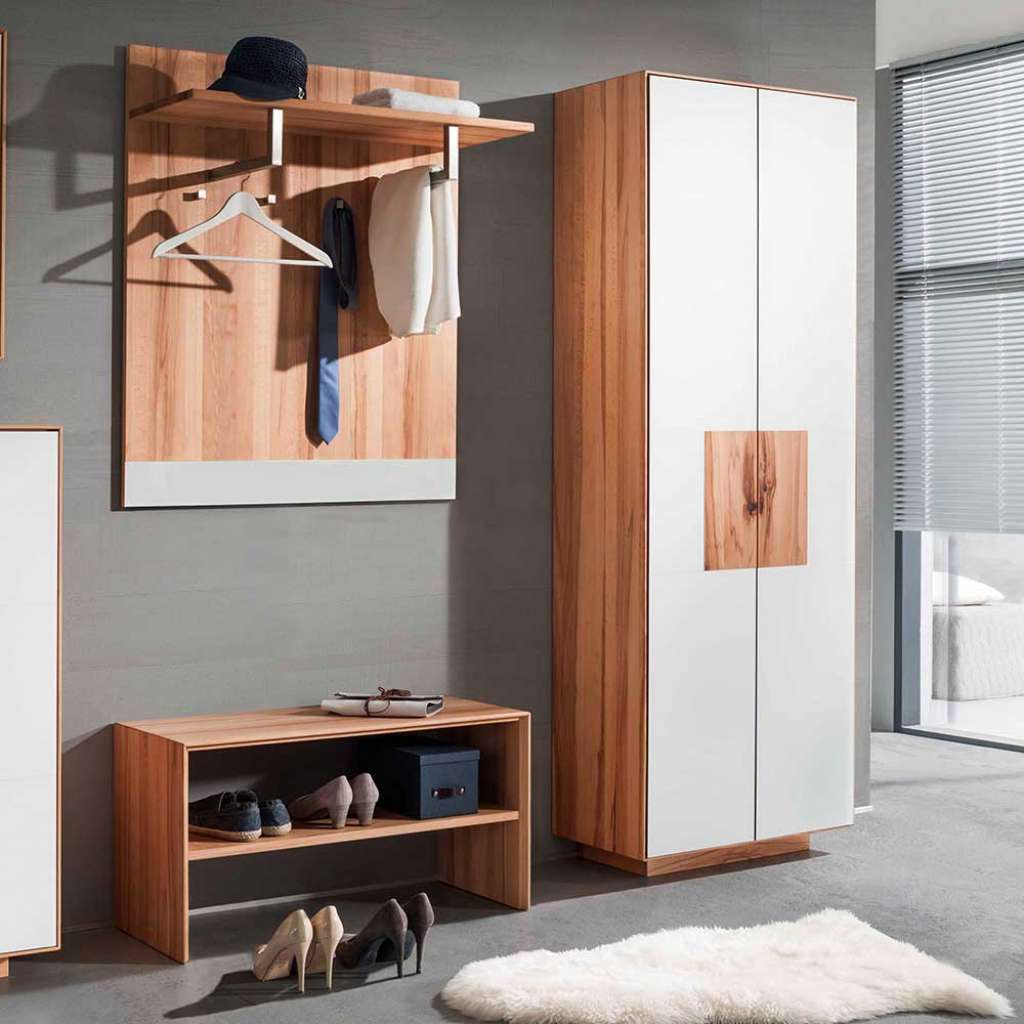 Garderobenset in Weiß mit Kernbuche Massivholz modern (3-teilig)