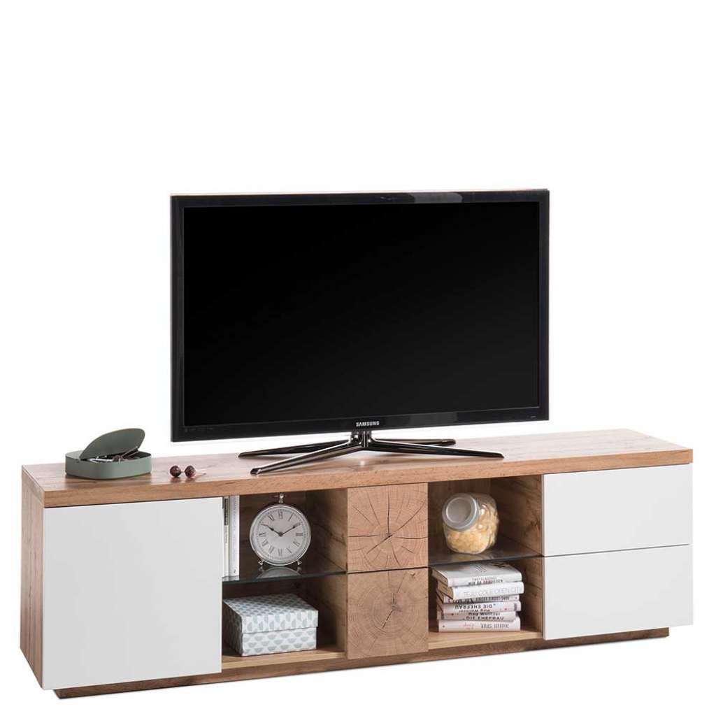 Fernsehertisch in Weiß und Hirnholz Optik 180 cm breit