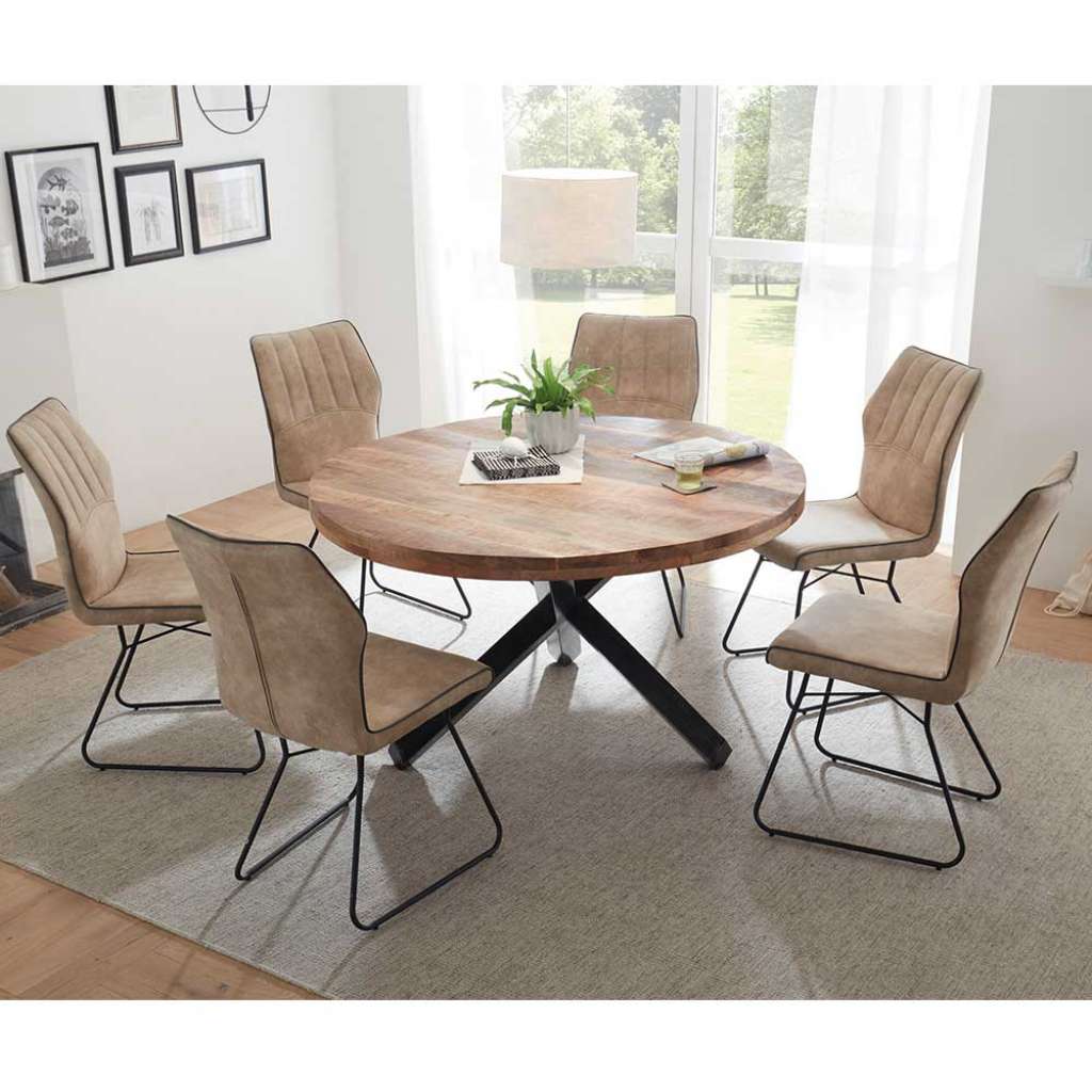 Esszimmer Sitzgruppe mit rundem Tisch 6 Stühlen in Beige (7-teilig)