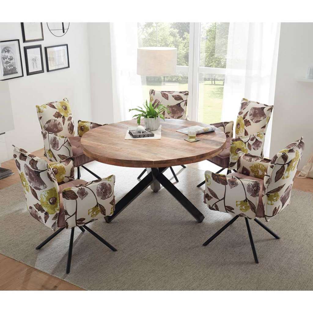 Design Esstischgruppe mit rundem Esstisch Samtstühlen mit Blumenmuster (6-teilig)