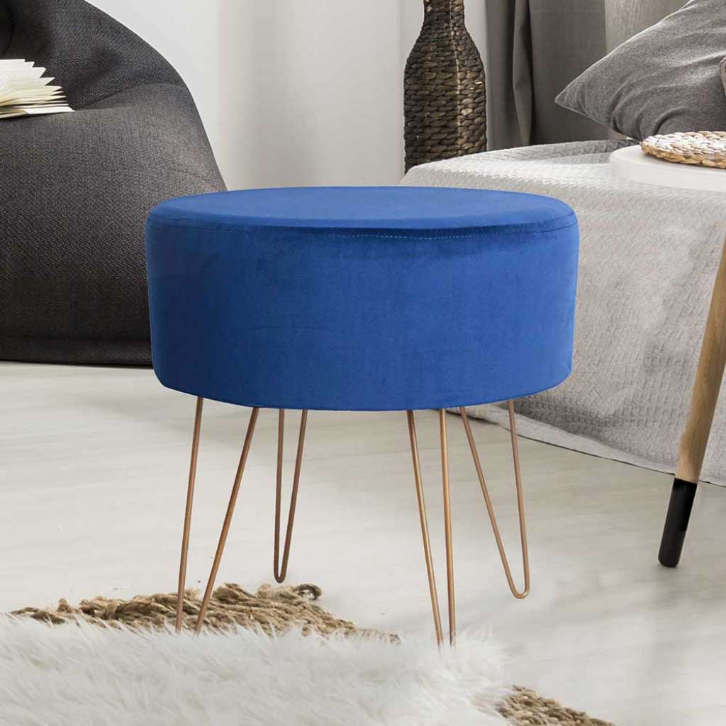 Runder Beistellhocker in Blau Samt Retro Look