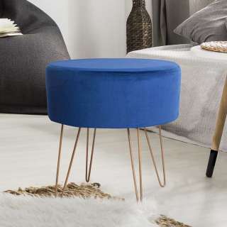 Runder Beistellhocker in Blau Samt Retro Look