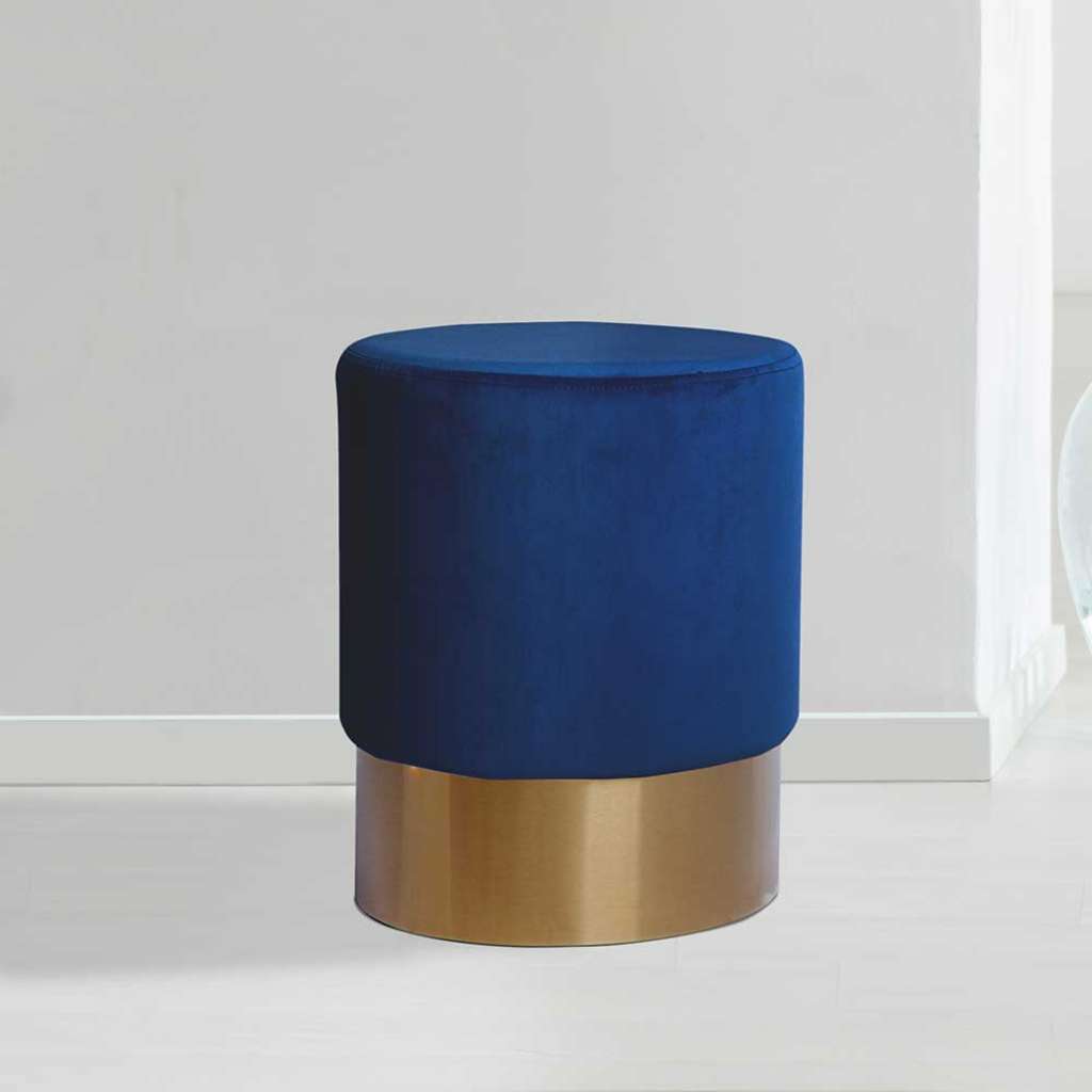 Runder Polsterhocker in Dunkelblau Samt Retro Design