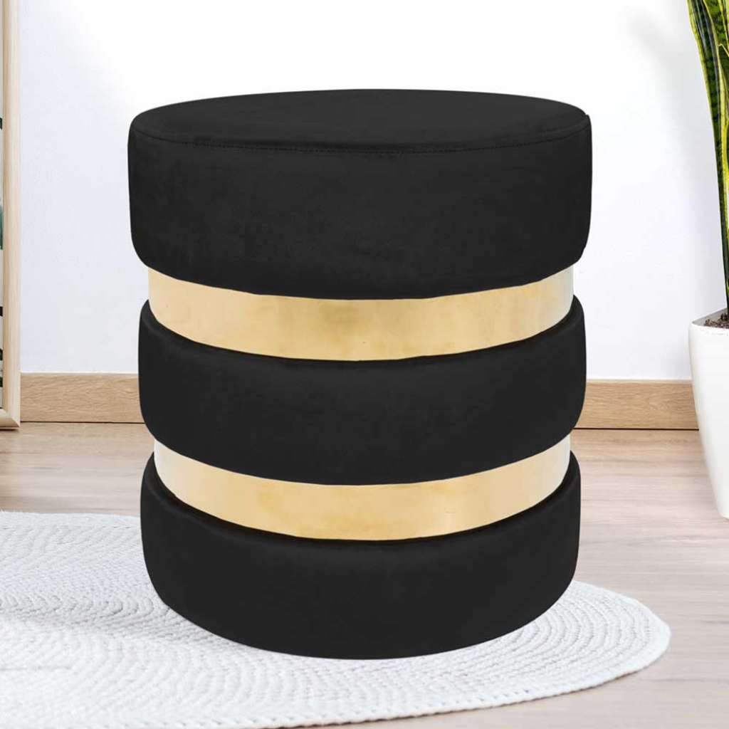 Runder Polsterhocker in Schwarz Samt Goldfarben Kunststoff