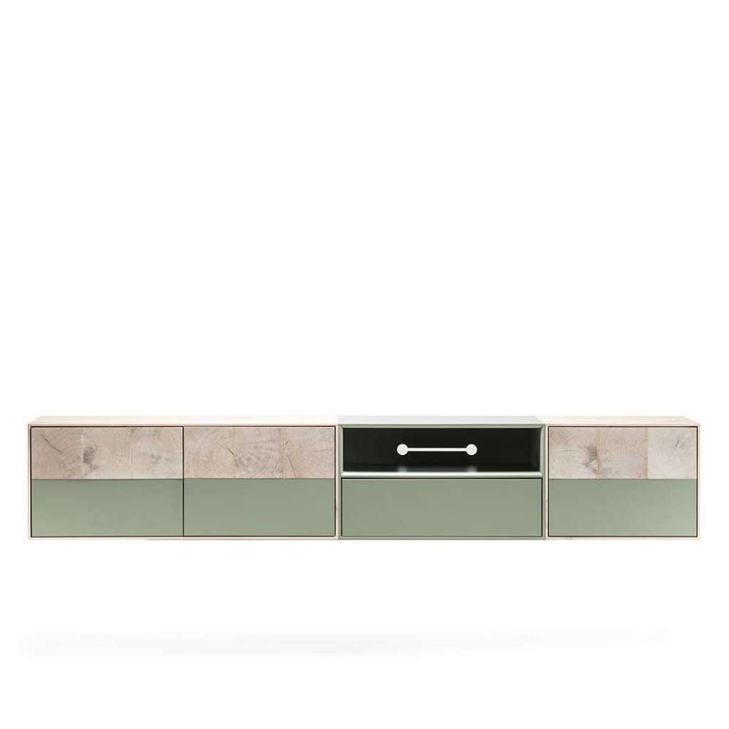 Fernseh Unterschrank in Beton Grau und Buche hell 260 cm breit