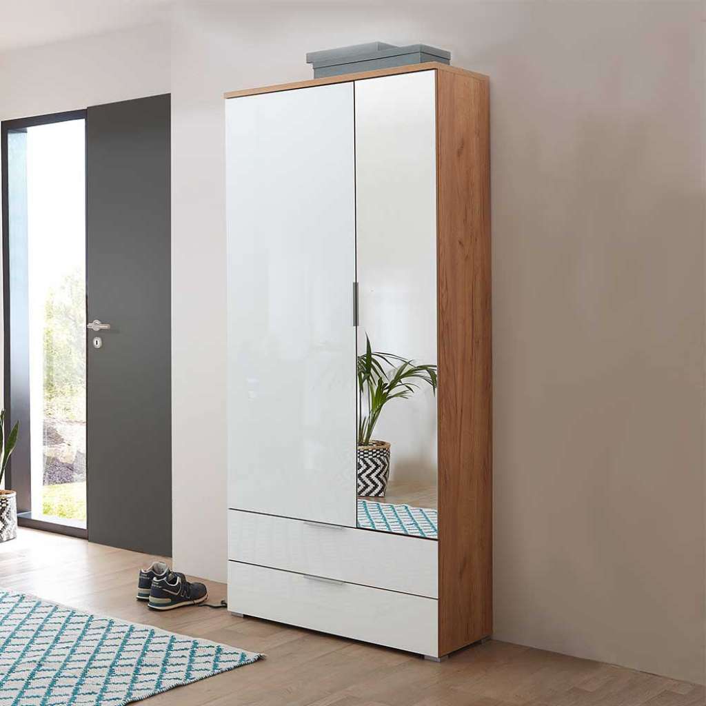 Flurschrank in Weiß Glas beschichtet und Eichefarben Spiegeltür
