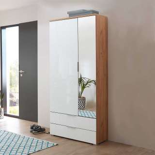 Flurschrank in Weiß Glas beschichtet und Eichefarben Spiegeltür