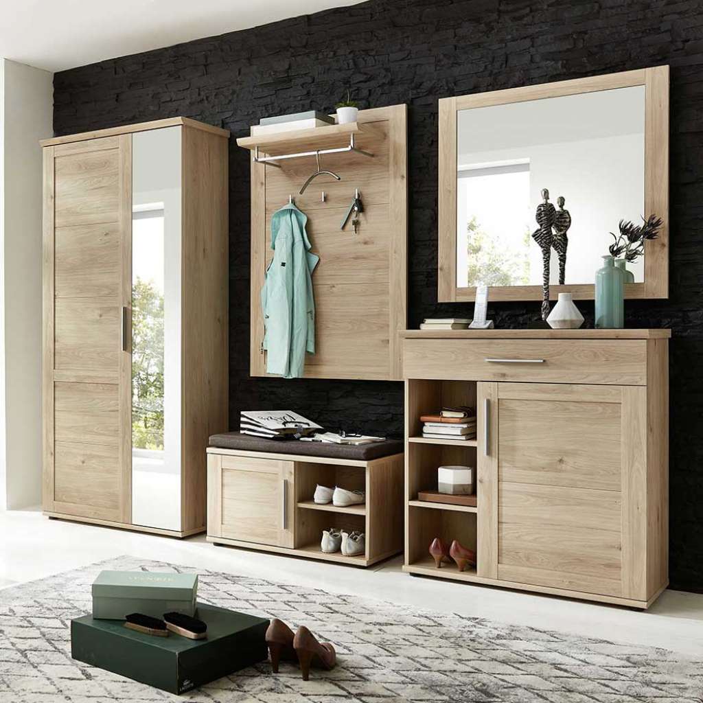 Garderobe in Eichefarben Spiegel und Schuhschrank (5-teilig)